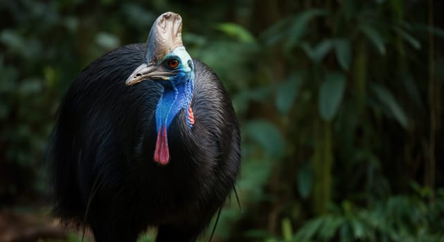 A southern cassowary stands gracefully amidst dense tropical foliage. the bird's vivid blue neck and distinctive casque highlight its exotic appearance, showcasing its natural habitat and unique features.