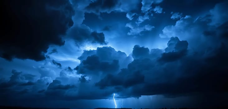 Dramatic lightning bolts pierce through towering, dark storm clouds, illuminating the night sky with a vivid blue glow. The mood is intense and foreboding, capturing nature's raw power.