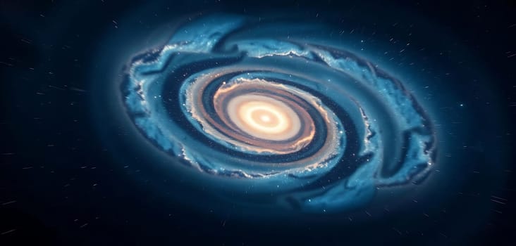 A cosmic spiral galaxy glows against the dark void of space. Swirling arms of blue and pink hues radiate from a luminous core, evoking a sense of awe and mystery. Stars twinkle in the surrounding expanse.