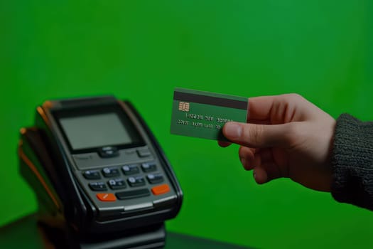 A person holds a credit card in front of a payment terminal, showcasing a modern transaction moment in a studio environment with a green background.