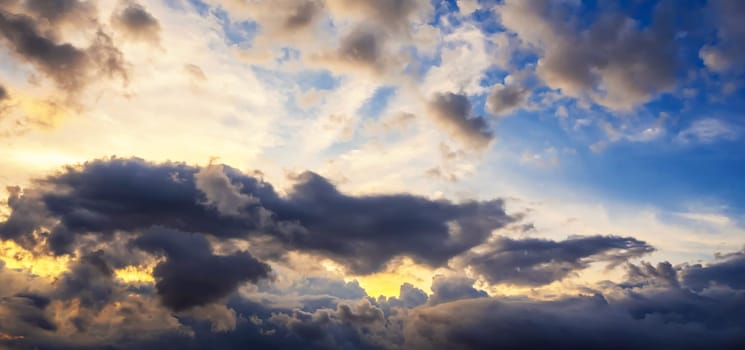 background with cloudy sky with clouds at sunset. Panorama of the orange-blue sky at sunrise