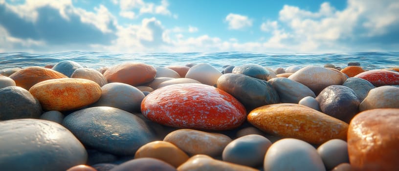 Colorful stone beach on seashore. Selective focus.