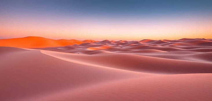 Vast, undulating sand dunes stretch across a desert landscape, bathed in the warm, golden hues of sunrise or sunset. The serene, expansive scene evokes a sense of tranquility and isolation, with gentle shadows accentuating the curves of the dunes. The distant horizon hints at endless, untouched wilderness.