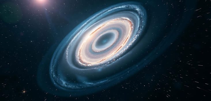 A mesmerizing spiral galaxy floats in the cosmic void, its vibrant arms swirling with stars and celestial dust. The mood is serene yet awe-inspiring, with distant stars twinkling in the backdrop.