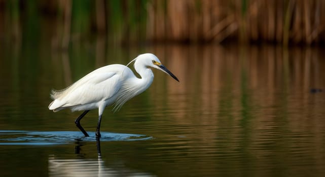 A stunning egret poised elegantly in a tranquil lake, its reflection shimmering on the water's surface. tall reeds provide a lush background, the bird’s majestic form and serene demeanor in its natural habitat.