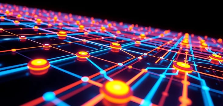 A futuristic digital network glows with vibrant blue and red lights, forming interconnected nodes and pathways. Set against a dark backdrop, the mood is high-tech and dynamic, suggesting advanced connectivity and data flow.