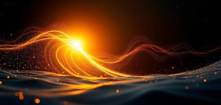A radiant wave of light bursts through darkness, forming an ethereal, glowing spiral. The mood is mystical and dynamic, with sparkling particles and fluid motion, evoking a sense of cosmic energy.