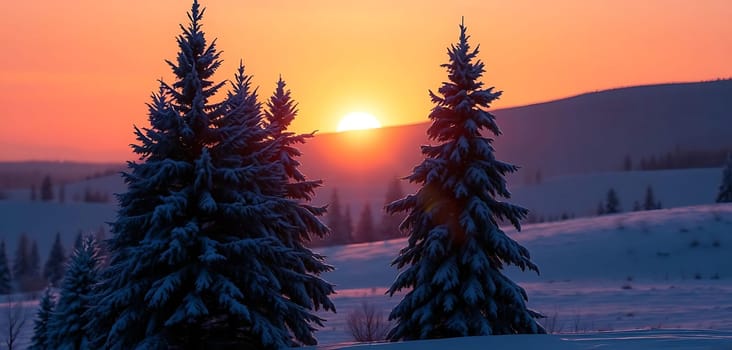 Snow-laden evergreens stand sentinel against a vibrant sunset, casting long shadows over a serene, snowy landscape. The setting sun paints the sky with hues of orange and purple, creating a tranquil, almost magical winter scene.