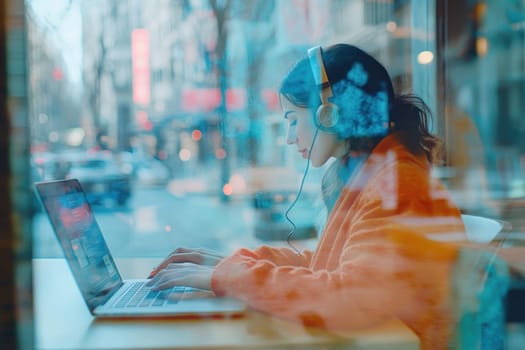 A young woman immersed in her laptop work in a coffee shop, wearing headphones. The urban backdrop through the window enhances the focused atmosphere.