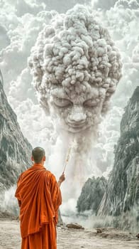 Buddhist monk wearing an orange kasaya walking on a stone surface towards a giant buddha head