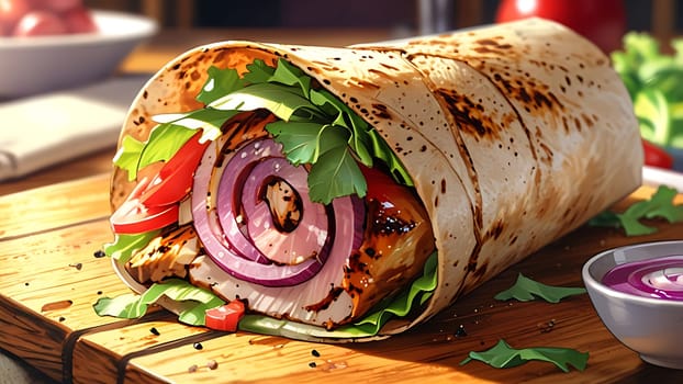 A mouthwatering wrap, filled with grilled chicken, fresh greens, and vibrant slices of red onion and tomato, rests on a rustic wooden board. The warm, inviting setting suggests a cozy kitchen, with scattered ingredients hinting at a homemade meal. The wrap's crisp, golden exterior contrasts beautifully with the colorful, fresh fillings inside.