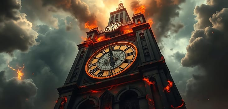 A grand clock tower burns against stormy skies, flames licking its facade. The clock face remains defiant amidst the chaos, marking time as the structure succumbs to fiery destruction. The mood is apocalyptic, with dark clouds and embers swirling in the air.