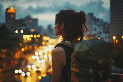A young woman with a backpack gazes over a vibrant cityscape at dusk, surrounded by shimmering lights, evoking a sense of adventure and reflection.