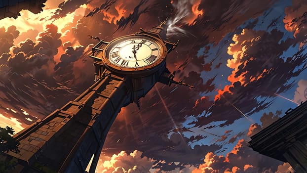 A towering clock looms amidst stormy skies, its hands nearing midnight. Dramatic clouds swirl, and smoke billows from the clock's top, evoking a sense of impending mystery and urgency.