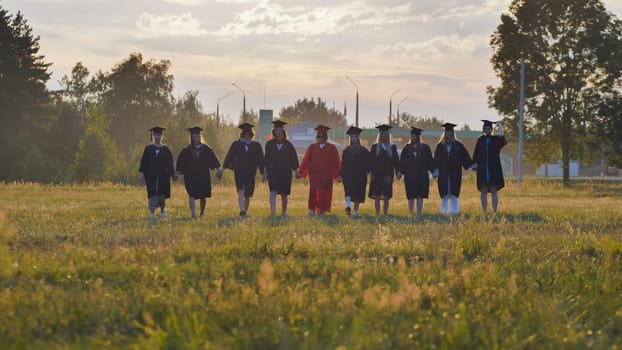 Cheerful group of students in graduation attire strolling together in a meadow as the sun sets