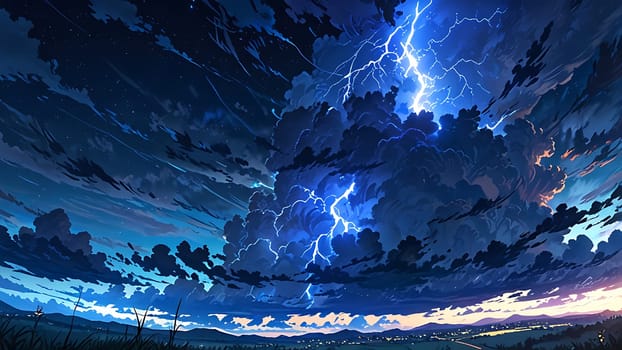 A dramatic storm rages across a night sky, lightning bolts piercing through dark, tumultuous clouds. Below, a serene landscape of distant hills and a glowing city contrasts the storm's fury, creating a mood of both chaos and calm.