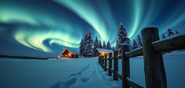 A serene winter night unfolds with vibrant auroras dancing above a cozy, snow-covered cabin. The wooden fence leads the eye towards the warmly lit house, nestled among tall, snow-laden trees, creating a magical, tranquil atmosphere.