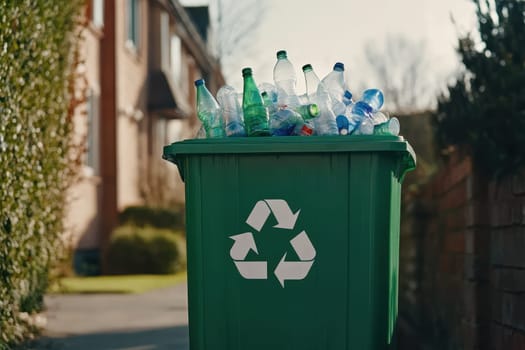 A close-up view of a green recycling bin filled with various recyclable materials, including plastic bottles and glass containers, situated in a serene residential area.