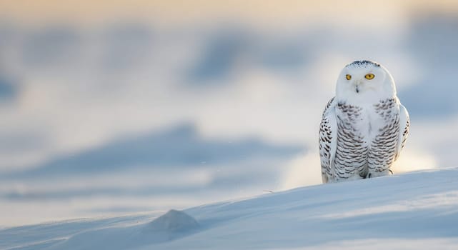 A solitary snowy owl stands in a serene winter landscape, its white plumage blending with the snowy surroundings. golden eyes gaze intently, conveying a sense of calm and watchfulness amidst the untouched wilderness.