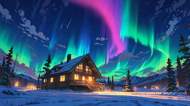 Nestled in a snowy landscape, a cozy log cabin glows warmly beneath a vibrant aurora. The night sky dances with greens and purples, while distant mountains and evergreens frame the tranquil scene. A shooting star streaks overhead, adding to the magical, serene mood.