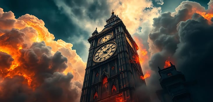 A towering clock tower stands defiant amidst a fiery, apocalyptic sky. The dramatic clouds, ablaze with orange and red hues, cast an ominous mood, while the clock face remains a steady presence amidst the chaos. The intricate architecture of the tower contrasts starkly with the turbulent backdrop, evoking a sense of urgency and impending change.