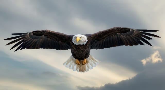 A powerful bald eagle soars gracefully across a cloudy sky, showcasing its majestic wingspan. this iconic symbol of strength and freedom highlights the beauty of natural wildlife in its habitat.