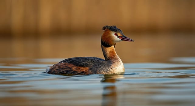 A great crested grebe glides gracefully across a calm lake, reflecting warm sunset hues. the bird's distinctive black crest and rich plumage are beautifully contrasted against the blurred golden background.