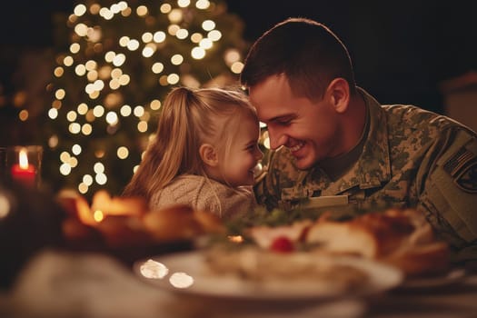 A soldier shares a touching moment with his daughter during a festive dinner, surrounded by holiday decorations and warm lights, capturing love and joy.