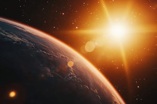 Breathtaking view of Earth from space capturing the golden glow of sunlight with stars in the background. A beautiful cosmic scene.