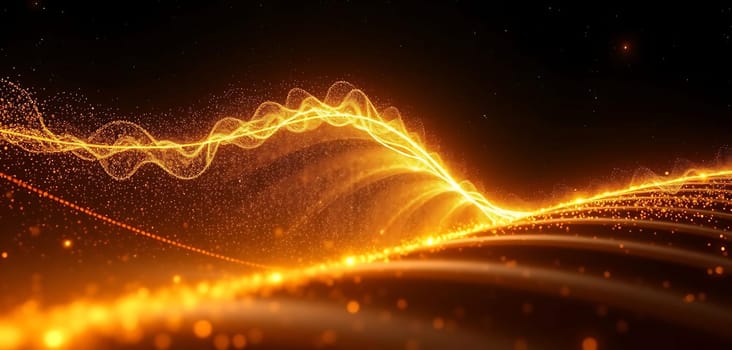 Golden, luminous waves dance across a dark expanse, evoking a sense of dynamic energy and mystery. The intricate, glowing trails suggest motion and depth, set against a backdrop of scattered, twinkling particles. The mood is both futuristic and ethereal, capturing a moment of cosmic elegance.