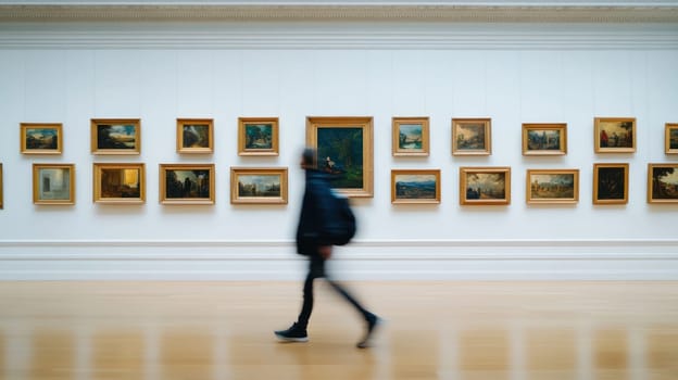 A person walking past long grey wall in art gallery adorned with old golden framed paintings