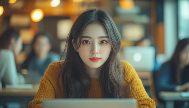 A Focused young woman in cozy cafe working on laptop, surrounded by warm atmosphere