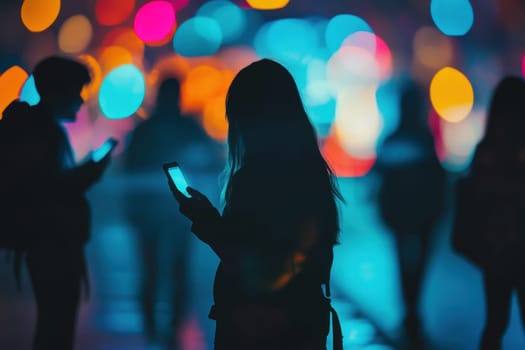 Silhouettes of young individuals using smartphones create a captivating scene with vibrant bokeh lights, symbolizing modern communication in an urban nightlife setting.