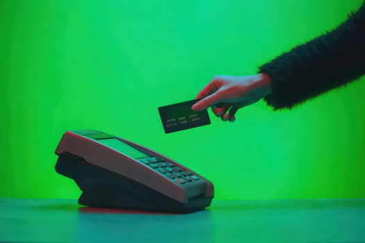 A person holds a credit card over a payment terminal in a vibrant green atmosphere, illustrating modern transactions and consumer experiences in a dynamic photoshoot setting.