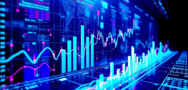 A vibrant financial dashboard bursts with dynamic charts and graphs, illuminated in neon blues and pinks. The setting is a high-tech trading floor, where data streams and market trends pulse with energy. The mood is intense and futuristic, capturing the fast-paced world of digital finance.