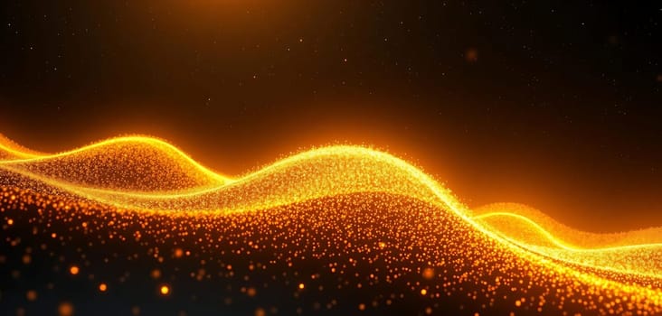 A mesmerizing wave of golden particles dances against a dark backdrop, evoking a sense of cosmic energy and mystery. The fluid motion of light creates a captivating, otherworldly atmosphere.