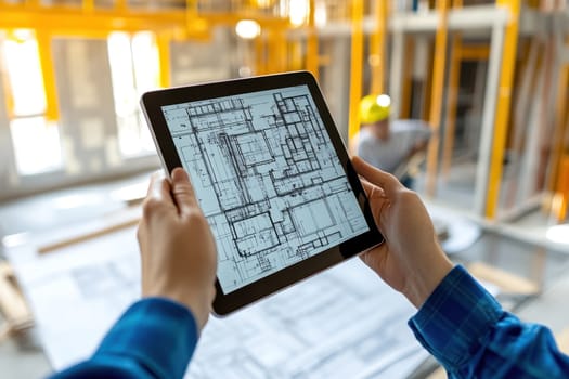 A person holding tablet displaying architectural blueprints at construction site