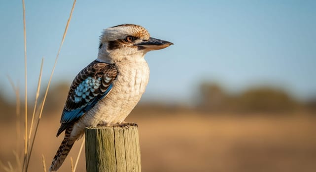 A kookaburra rests on a wooden post against a soft-focus australian backdrop during sunset. the warm light highlights the bird's distinctive plumage and sharp gaze, embodying the tranquil essence of the wilderness.