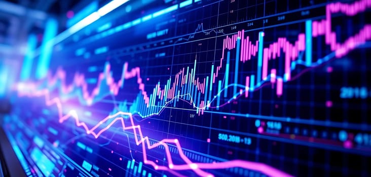A vibrant, high-tech financial chart display glows with dynamic, multicolored graphs, creating a futuristic trading atmosphere. The sharp lines and vivid hues convey a sense of urgency and market volatility.