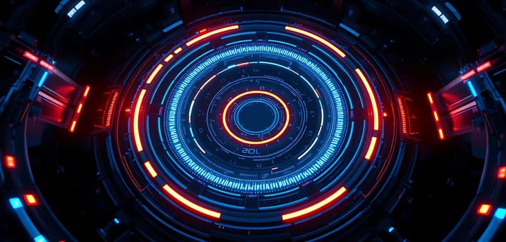 A futuristic, neon-lit tunnel of concentric circles in vibrant red and blue hues. The dynamic, glowing rings create a sense of depth and motion, evoking a high-tech, sci-fi atmosphere. Surrounding elements enhance the advanced, digital feel.