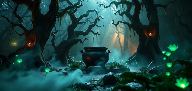 In a mystical, foggy forest, gnarled trees surround a bubbling cauldron. Eerie green lights and glowing orbs enhance the enchanting, spooky atmosphere.