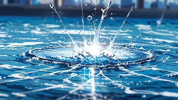 A vivid splash disrupts the tranquil blue water, capturing a dynamic moment. Sunlight sparkles on the ripples, creating a lively and refreshing mood. Distant, blurred shapes hint at an urban setting, contrasting with the sharp, crystalline water droplets.