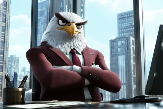 A humanoid hawk character is seated in a maroon suit, exuding confidence in a modern office. The cityscape view through the window enhances the professional atmosphere, showcasing a creative digital illustration.