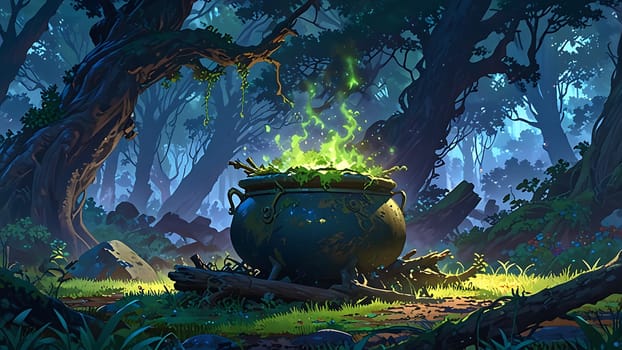 In a mystical forest, a large, ornate cauldron bubbles with a vivid green potion. Gnarled trees and glowing flora surround it, creating an enchanting, eerie atmosphere. The scene hints at magic and mystery.