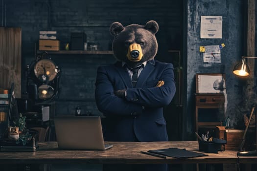 A formidable bear in a stylish suit confidently stands in an office, showcasing a unique blend of professionalism and whimsy, perfect for creative projects.