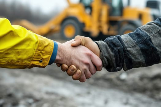 A close-up image of two construction workers shaking hands, symbolizing agreement and partnership in an outdoor setting with machinery in the background.