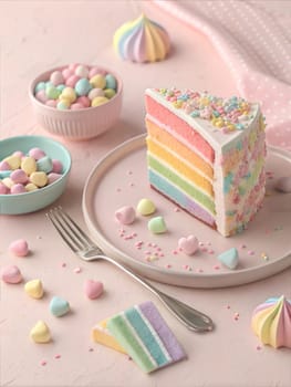 Piece of delicious unicorn rainbow cake on pastel pink background with colorful marshmallow. Layered birthday sponge cake