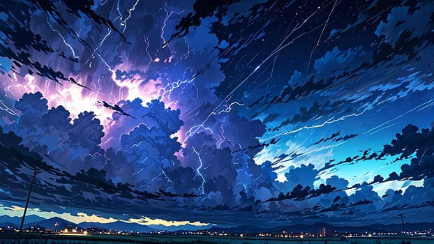 A dramatic night sky erupts with vivid lightning and meteors over a tranquil, distant cityscape. The stormy clouds contrast with the serene, glowing urban lights below, creating a mood of both chaos and calm.