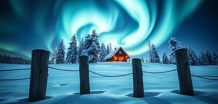 A serene winter night unfolds with vibrant auroras dancing above a cozy, illuminated cabin nestled among snow-covered trees. The mood is tranquil and magical, enhanced by the glowing sky and the quiet, snowy landscape.