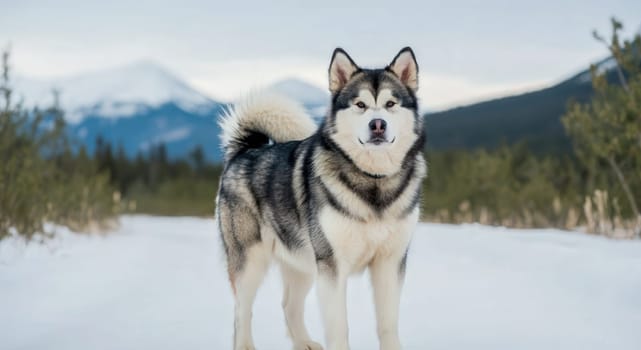 Siberian husky stands proudly against a backdrop of snow-covered mountains and pine trees. the thick fur and alert expression highlight its resilience and strength in a cold winter environment.